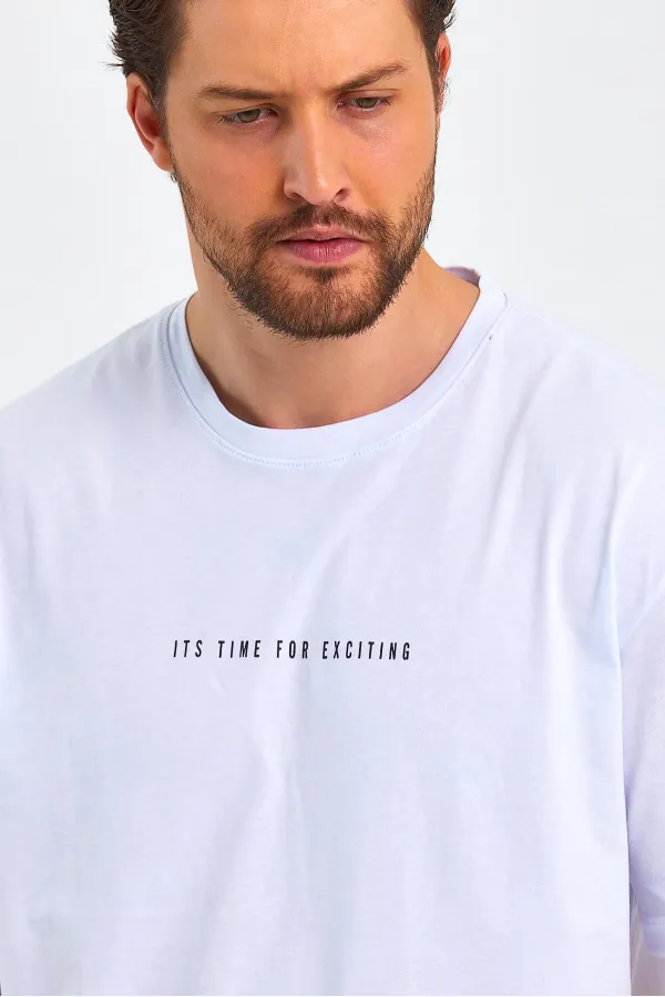Erkek Beyaz Baskılı Basic Oversize Bisiklet Yaka Kısa Kollu T-shirt