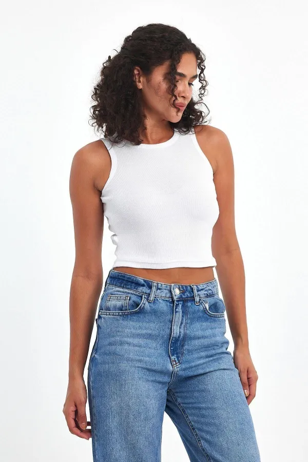 Kadın Beyaz Fitilli Görünümlü Askılı Kalın Basic Atlet