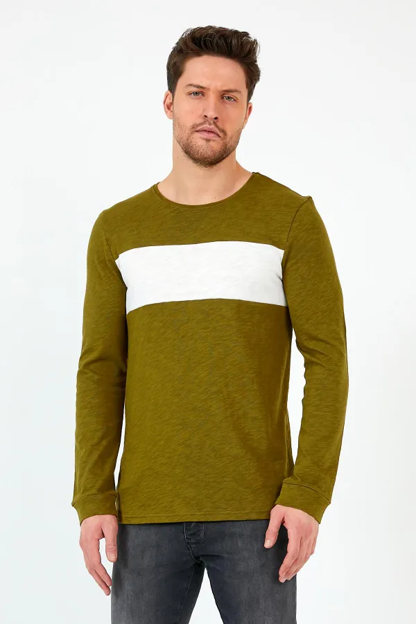 Haki Unisex Regular Fit Bisiklet Yaka Uzun Kollu  Şeritli Sweat MTLC0-H1