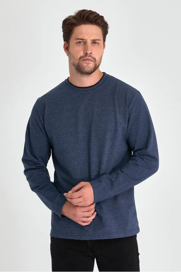 Sweat-shirt homme indigo à col rond double, coupe décontractée standard