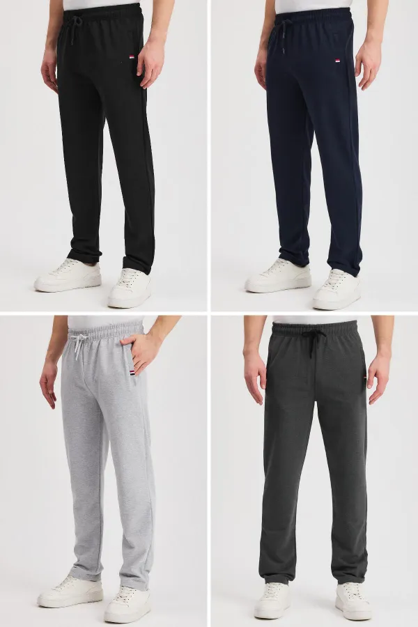 Siyah-Lacivert-Gri-Antrasit Erkek Fermuarlı Cepli Nakış Detaylı Düz Paça Rahat Kesim Günlük 4'lü Eşofman Altı