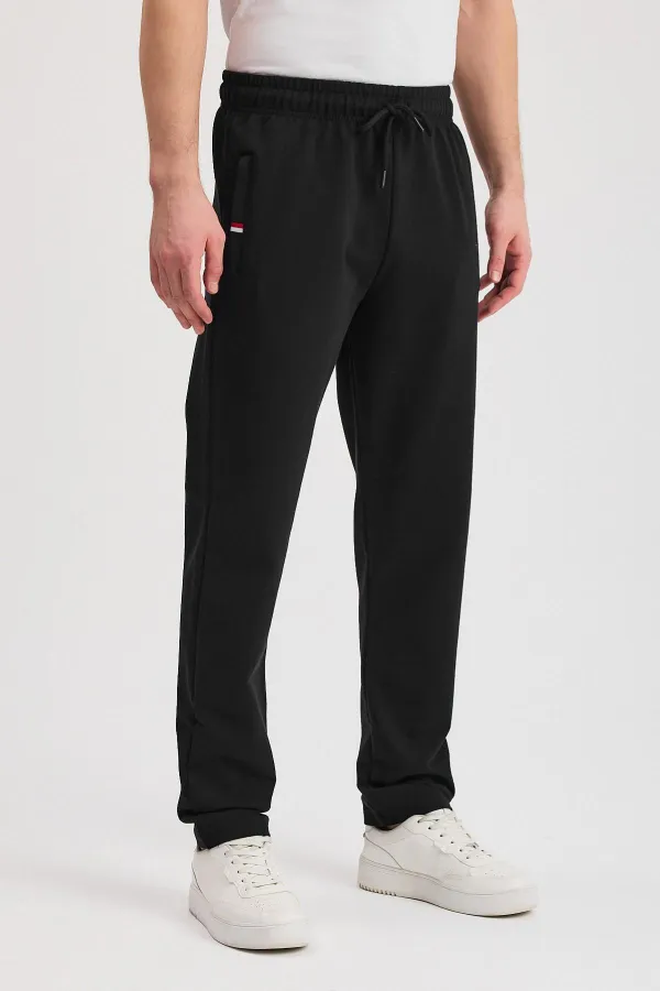 Black Men's Zip-Up Pocket Sweatpants with Embroidered Detail, Straight Leg, Relaxed Fit, Casual Style
