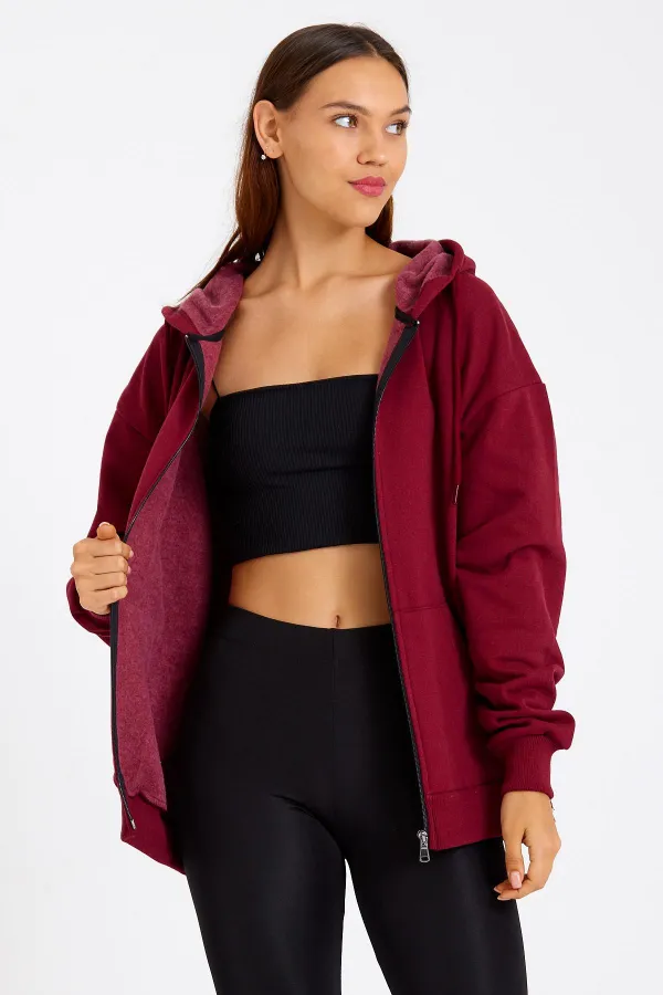 Kadın Kanguru Cepli Kapüşonlu Fermuarlı İçi Polarlı Hırka