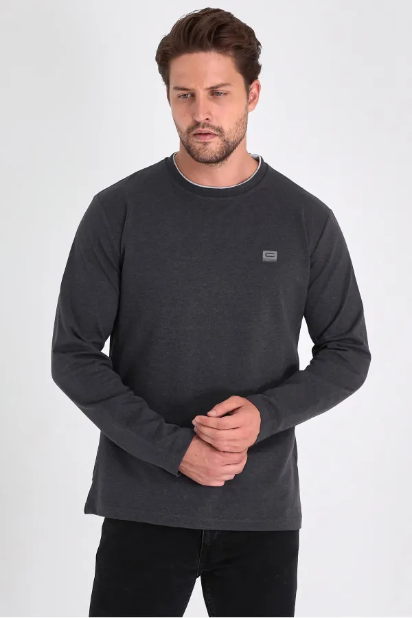 Sweat-shirt homme anthracite à col rond double et imprimé, coupe décontractée standard