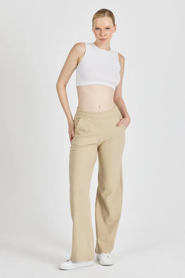 Bej Fitilli Geniş Paça Kaşkorse Yüksek Bel Cepli Kadın Eşofman Altı