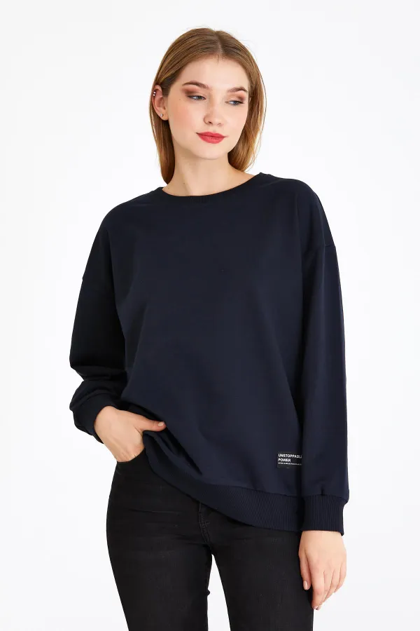 Women's Navy Blue Color Basic Crew Neck Sweatshirt