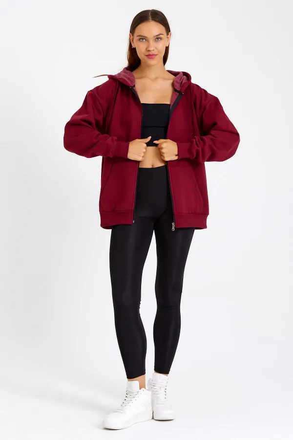 Kadın Kanguru Cepli Kapüşonlu Fermuarlı İçi Polarlı Hırka