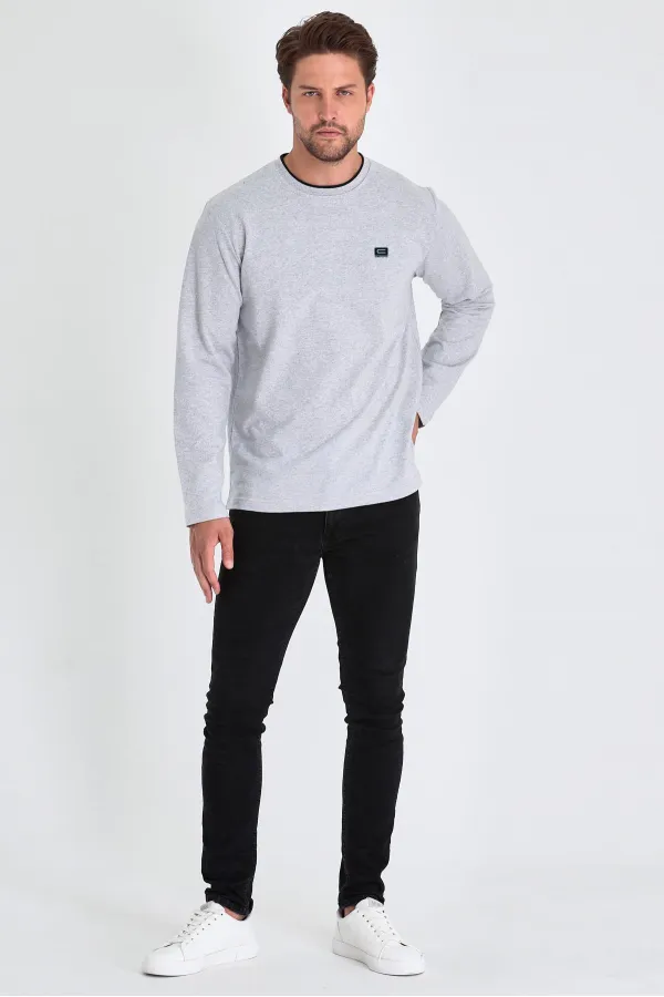 Men's Grey Double Crew Neck Sweatshirt with Print Detail, Standard Relaxed Fit