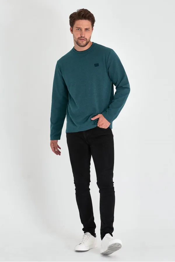 Men's Petroleum Double Crew Neck Print Detail Standard Relaxed Fit Sweatshirt