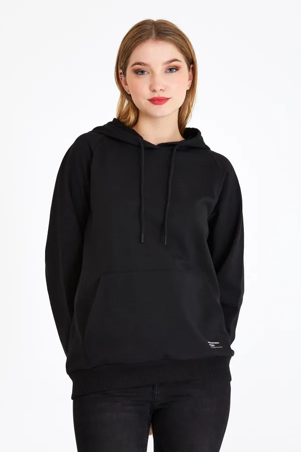 Women's Black Hooded Basic Knitted Sweatshirt