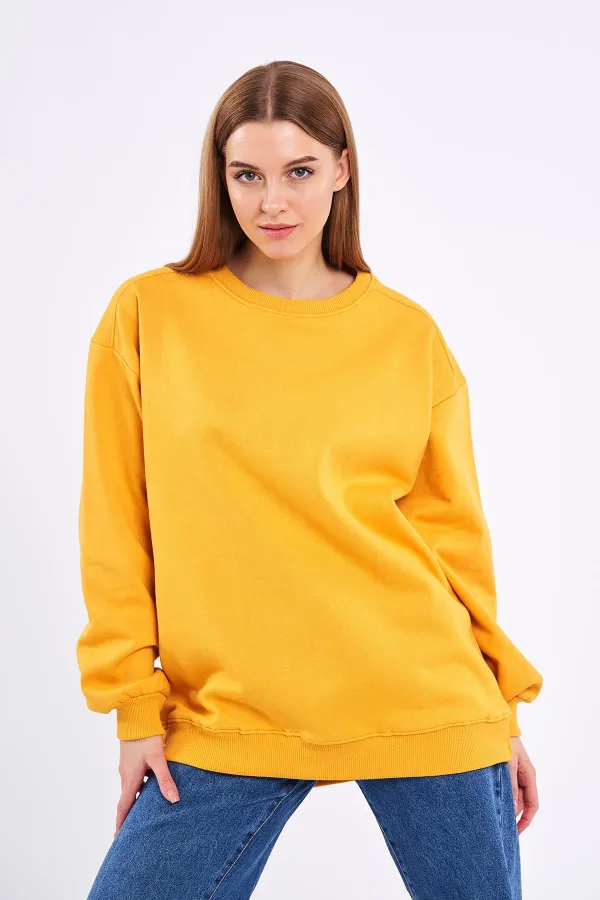 Sweat-shirt basique oversize en coton jaune pour femme, col rond.
