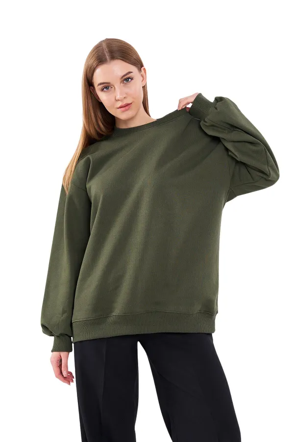 Sweat-shirt basique oversize en coton kaki pour femme, col rond.