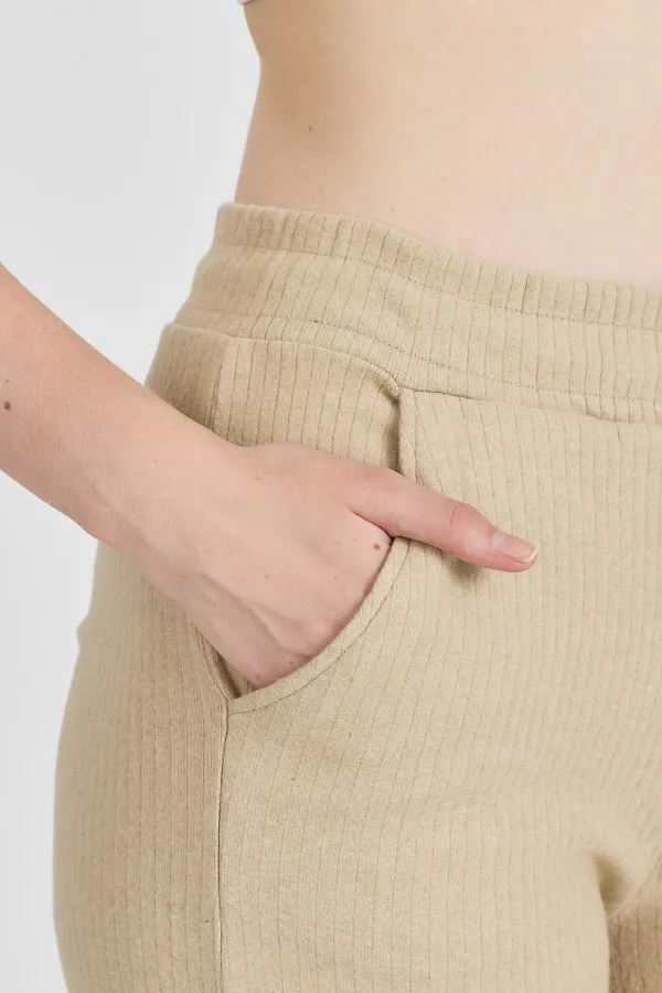 Bej Fitilli Geniş Paça Kaşkorse Yüksek Bel Cepli Kadın Eşofman Altı