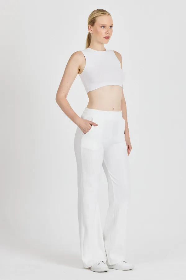 Off-white ribbed wide-leg corset high-waisted women's sweatpants with pockets