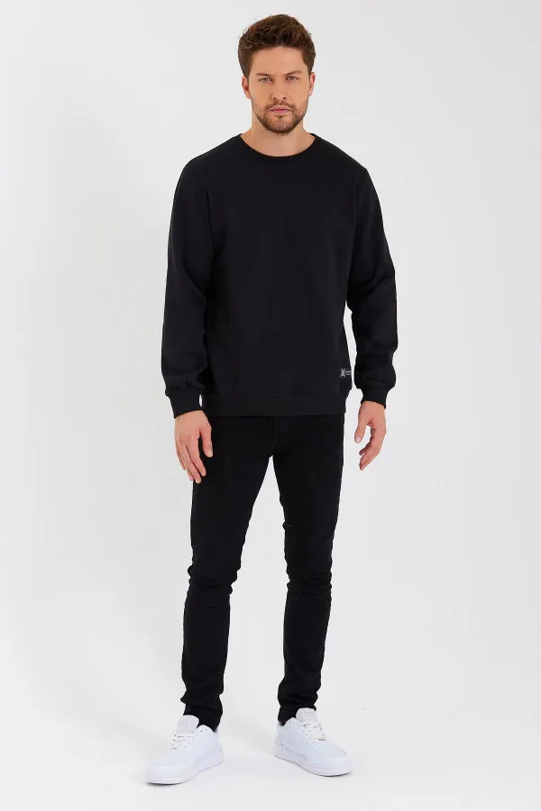 Bisiklet Yaka Etiket Detayı İçi Pamuklu Erkek Sweatshirt