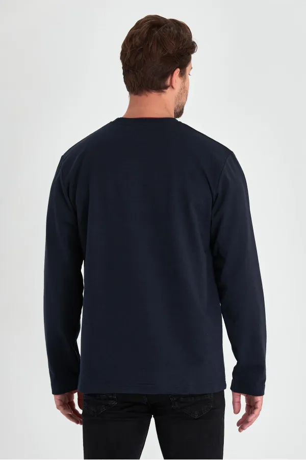 Men's Navy Blue Double Crew Neck Sweatshirt with Print Detail, Standard Relaxed Fit