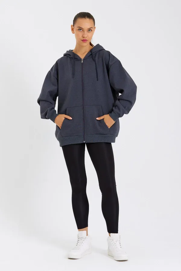 Kadın Kanguru Cepli Kapüşonlu Fermuarlı İçi Polarlı Hırka