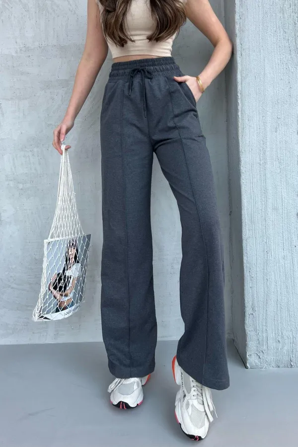 Kadın Mevsimlik Salaş Geniş Paça Yüksek Bel Antrasit Eşofman Altı