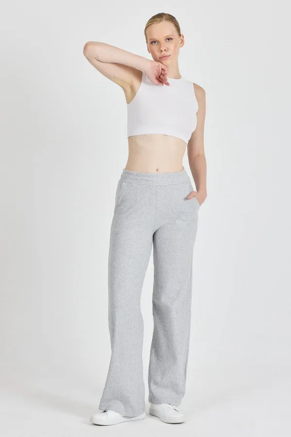 Pantalon de survêtement gris côtelé à jambes larges et taille haute avec poches pour femme