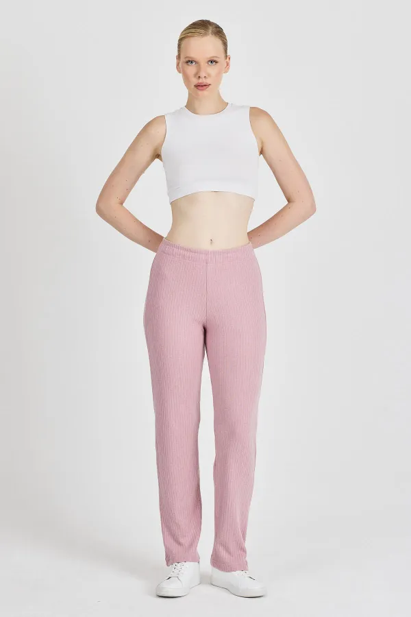 Pantalon de survêtement rose fuchsia côtelé à jambes larges et taille haute pour femme