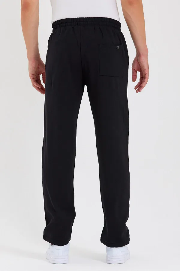 Siyah Arka Cepli Etiket Detaylı Düz Paça Erkek İçi Pamuklu Eşofman Altı