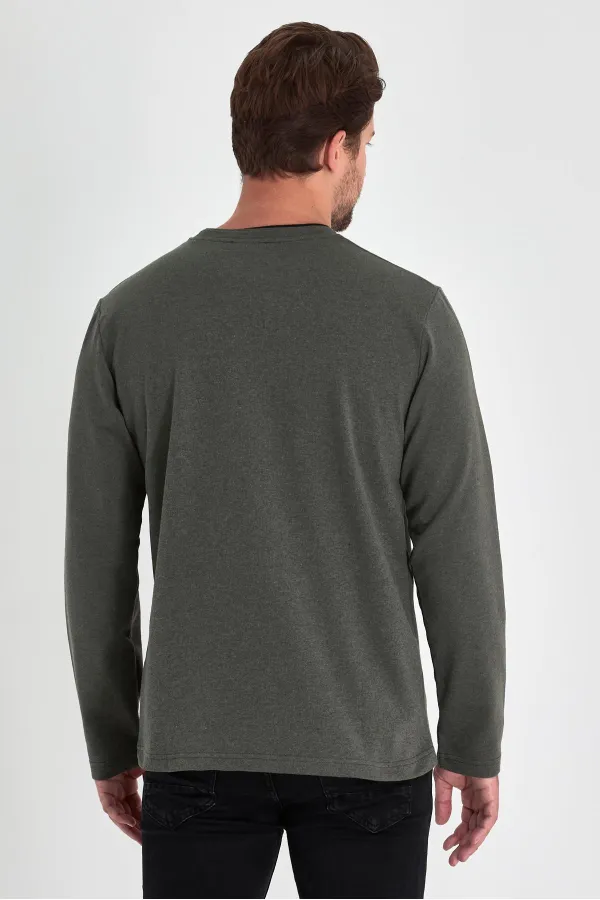 Erkek Haki Çift Bisiklet Yaka Standart Rahat Kesim Sweatshirt