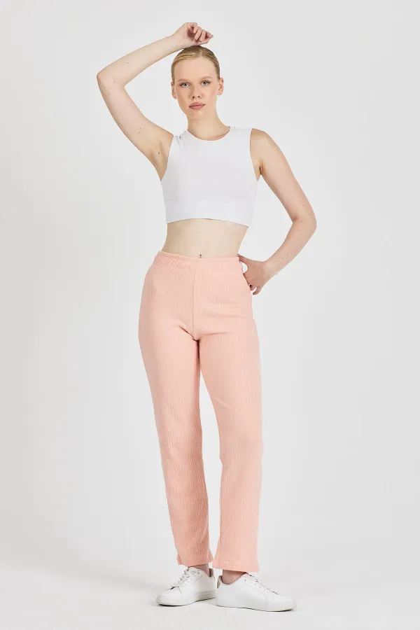 Pantalon de survêtement rose pâle côtelé, jambes larges, en coton fin, taille haute, pour femme