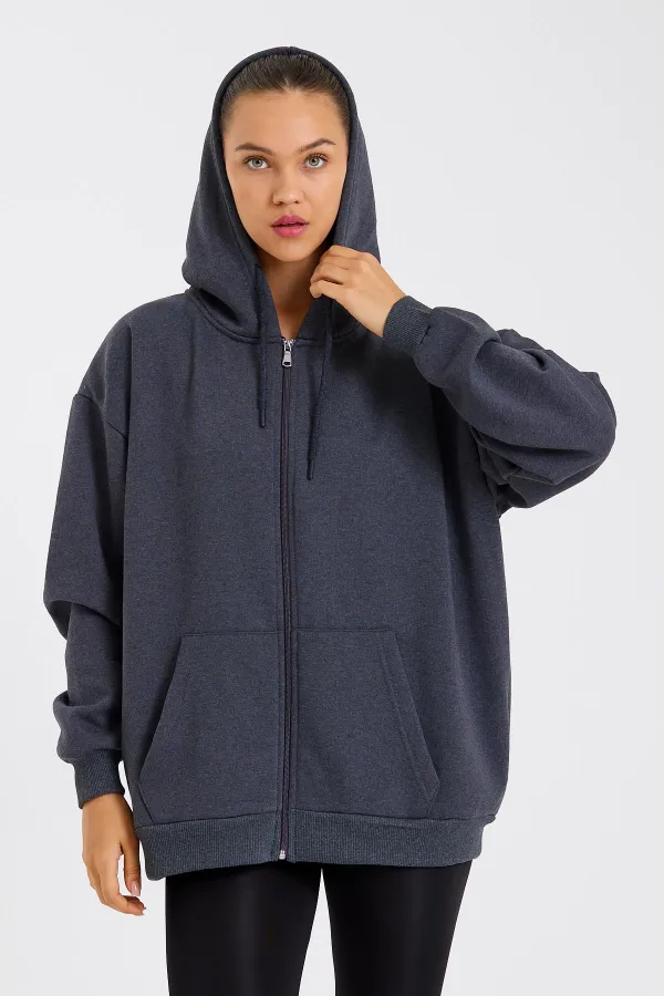 Kadın Kanguru Cepli Kapüşonlu Fermuarlı İçi Polarlı Hırka