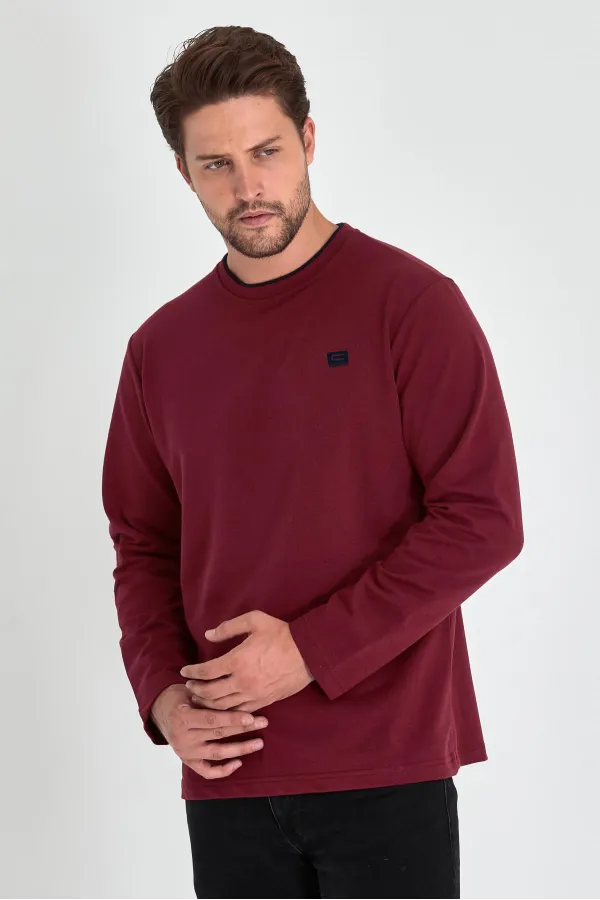 Erkek Bordo Çift Bisiklet Yaka Baskı Detaylı Standart Rahat Kesim Sweatshirt