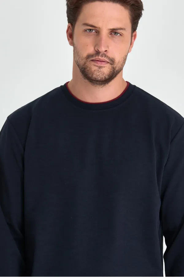 Sweat-shirt homme bleu marine à col rond double, coupe standard décontractée MTLCE68-BLEU NAVY