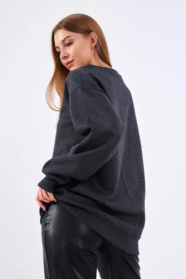 Sweat-shirt basique oversize en coton anthracite pour femme, col rond.