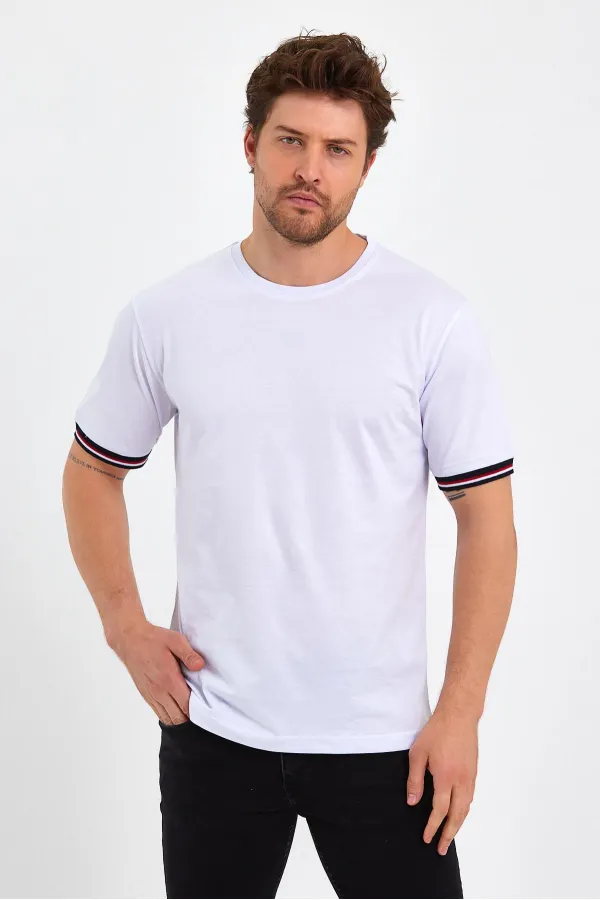 Erkek Basic Kolları Şeritli %100 Pamuk Bisiklet Yaka Regular Fit 3'Lü T-shirt
