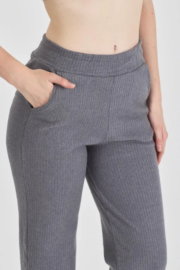 Füme Fitilli Geniş Paça Kaşkorse Yüksek Bel Cepli Kadın Eşofman Altı