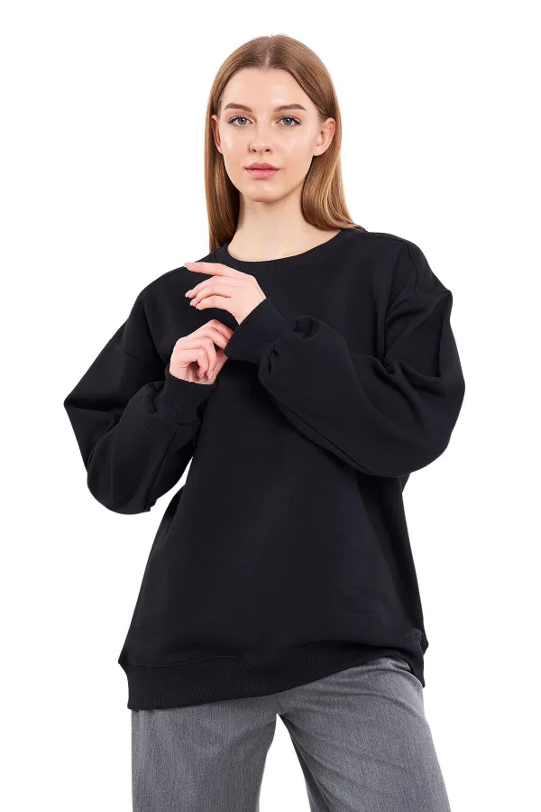 Sweat-shirt basique oversize en coton noir pour femme, col rond.