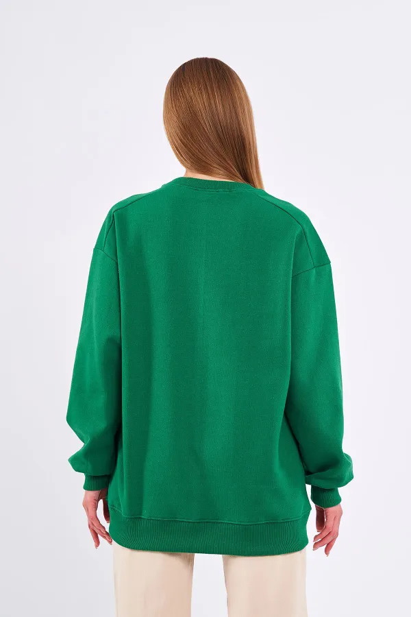 Sweat-shirt basique oversize en coton vert pour femme, col rond.