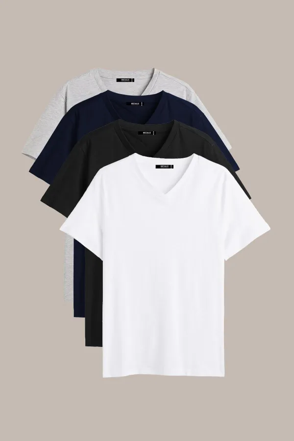 Erkek Çok Renkli T- Shirt Regular Fit Rahat Kesim V Yaka 4'lü Basic Tişört Paketi