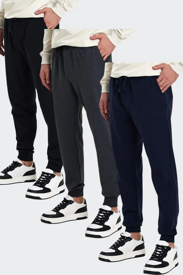 Erkek Siyah-Lacivert-Antrasit Arka Cep Etiket Detaylı Paça Lastikli Regular Fit 3'Lü Eşofman Altı  MTLCEO09-3