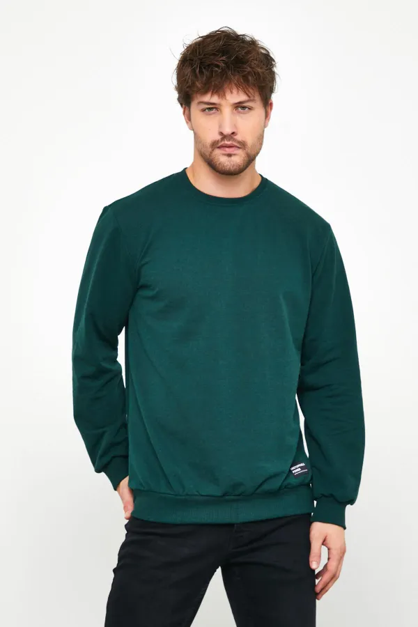 Erkek Koyu Yeşil Basic Bisiklet Yaka Sweatshirt 
