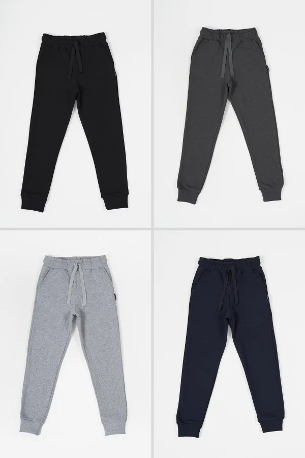 Ensemble de 4 pantalons de survêtement pour filles en coton épais, coloris noir, marine, anthracite et gris, avec taille et chevilles élastiques et poches MTLCB99