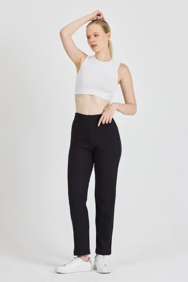 Siyah Fitilli Geniş Paça Pamuklu İnce Yüksek Bel Kadın Eşofman Altı