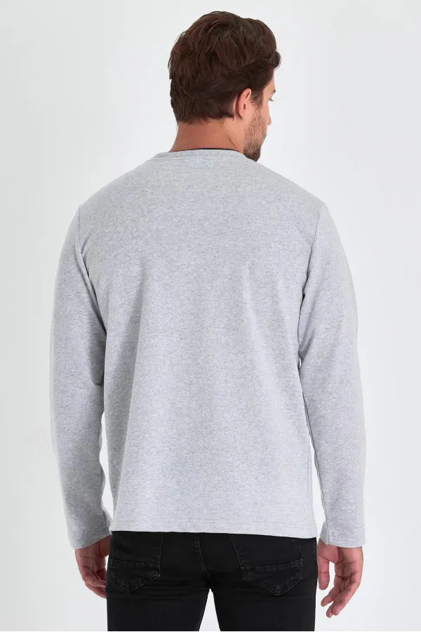 Men's Grey Double Crew Neck Sweatshirt with Print Detail, Standard Relaxed Fit