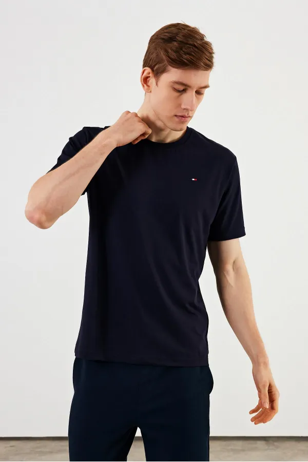 T-shirt homme à col rond, 100 % coton, détails brodés, bleu marine basique MTLCE89