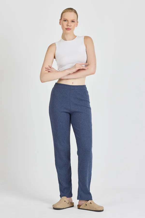 Pantalon de survêtement femme en coton côtelé indigo, jambes larges, coupe slim, taille haute