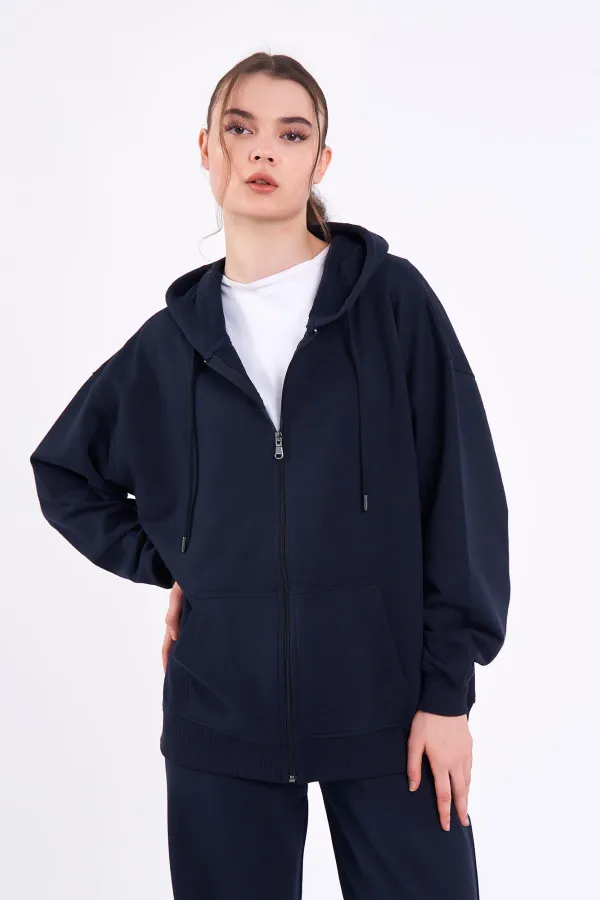 Ensemble de survêtement oversize bleu marine pour femme, coupe classique, taille élastique, capuche (haut et bas).