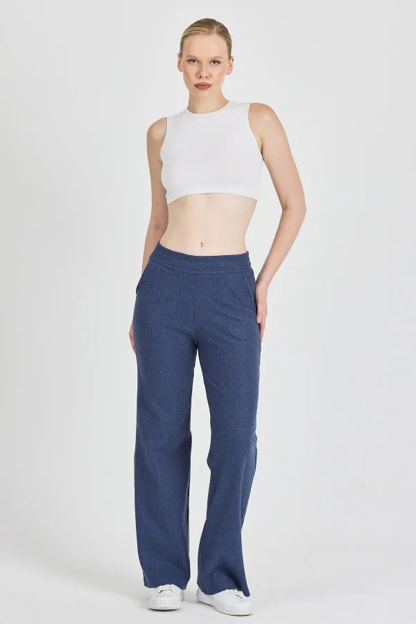 Pantalon de survêtement indigo côtelé à jambes larges et taille haute avec poches pour femme