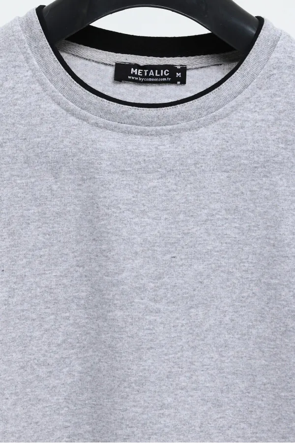 Men's Grey Double Crew Neck Sweatshirt with Print Detail, Standard Relaxed Fit