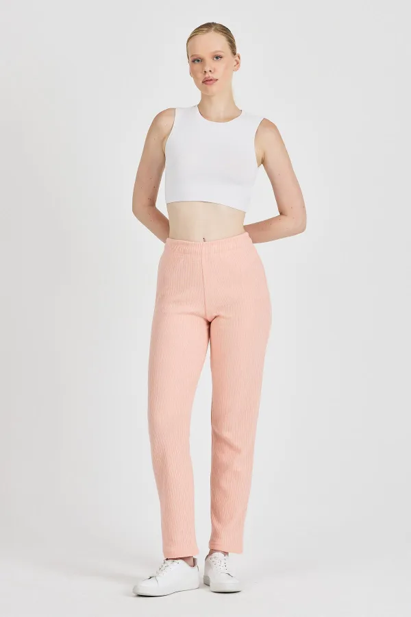 Pantalon de survêtement rose pâle côtelé, jambes larges, en coton fin, taille haute, pour femme