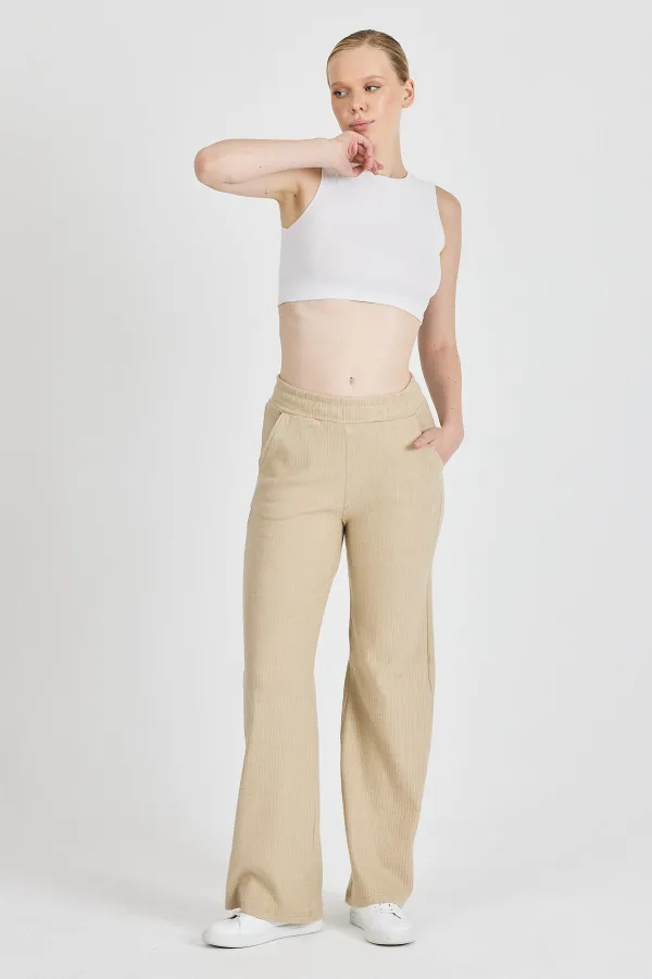 Bej Fitilli Geniş Paça Kaşkorse Yüksek Bel Cepli Kadın Eşofman Altı