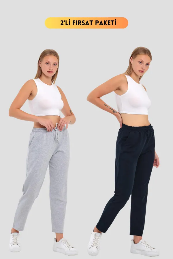 2'li Kadın Lacivert Klasik Cepli Eşofman Altı