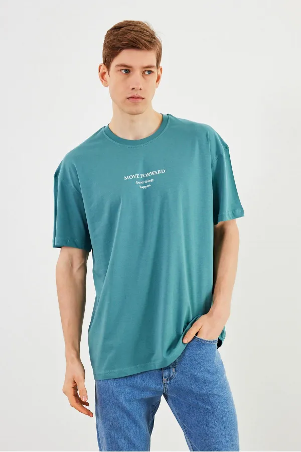 T-shirt oversize homme Leo 100 % coton, col rond, imprimé, modèle basique MTLCE84